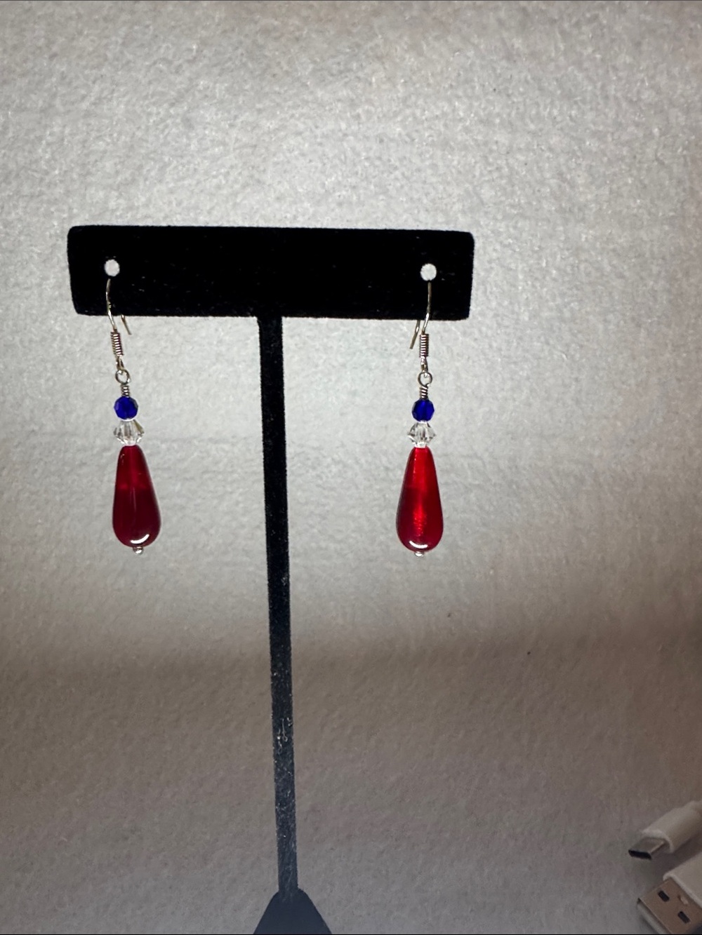 Red, White and Blue Teardrop Dangle Earrings with a Clear Swarovski Crystal